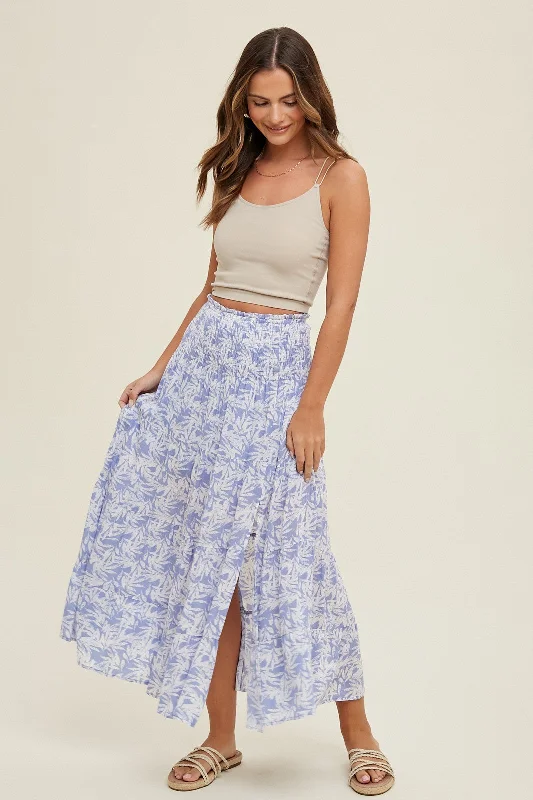  Special OffersBlue Tropical Tiered Midi Skirt With Slit