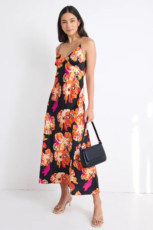  Women's Plus-Size ApparelOtherworldly Black Orange Floral Satin Bias Slip Midi Dress