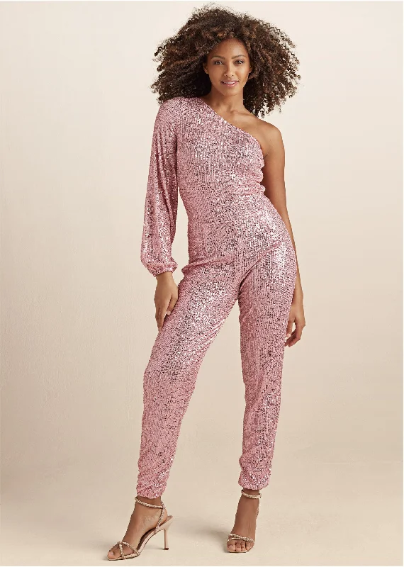  Women's Professional ApparelSequin One-Shoulder Jumpsuit - Peach