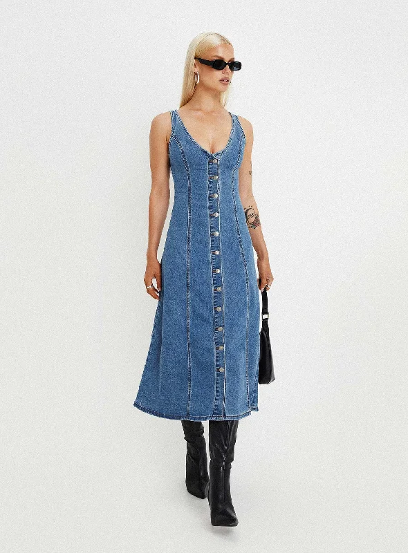  Women's Comfy Attire For LoungingMidler Denim Midi Dress Mid Blue