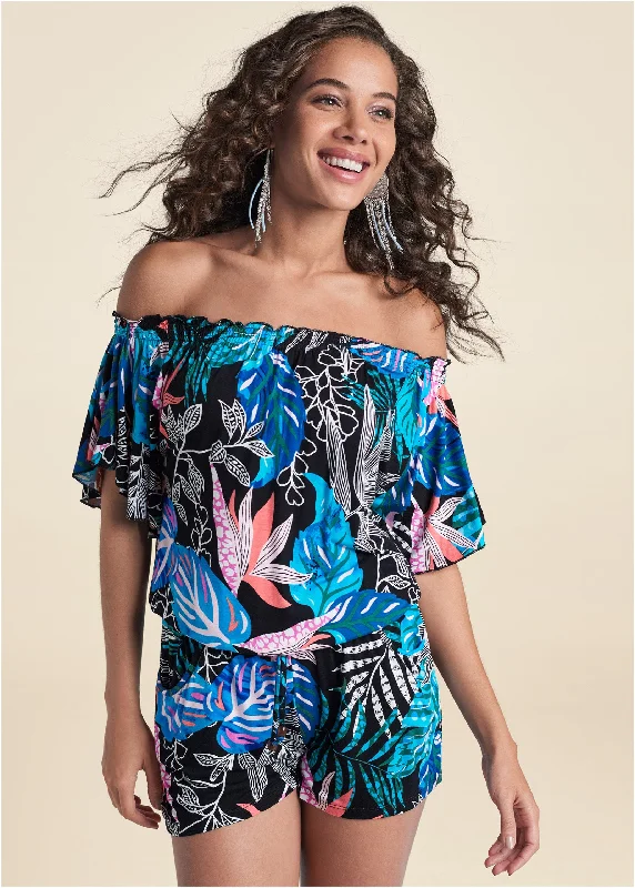  Stylish Women's Garments For HolidaysBahamian Palm Off Shoulder Romper - Blue Multi