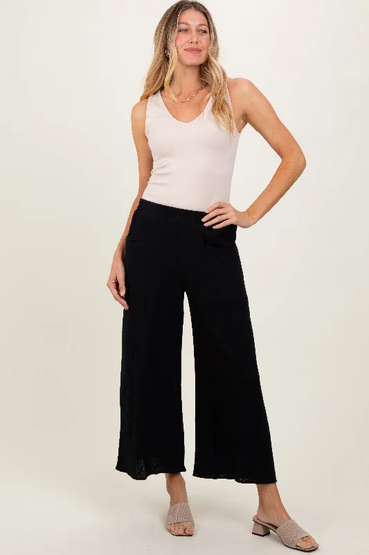  Women's Athletic ApparelBlack Cotton Gauze Wide Leg Pants