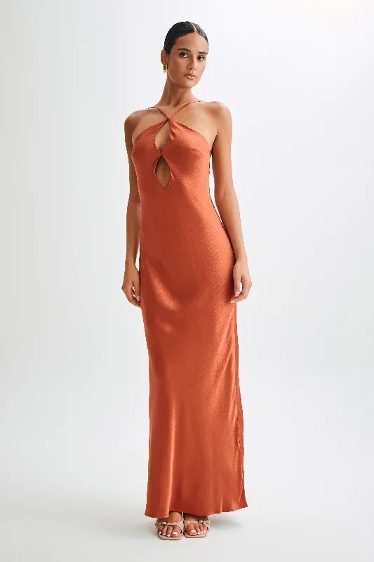  Inspired By You, Designed For YouLucia Satin Cut Out Maxi Dress - Burnt Orange