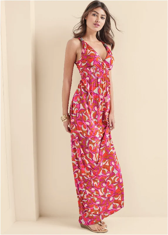  Women's Elegant ApparelGeometric Print Maxi Dress - Pink Multi