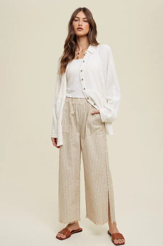  Women's Tailored OutfitTaupe Striped Linen Slit Hem Pants