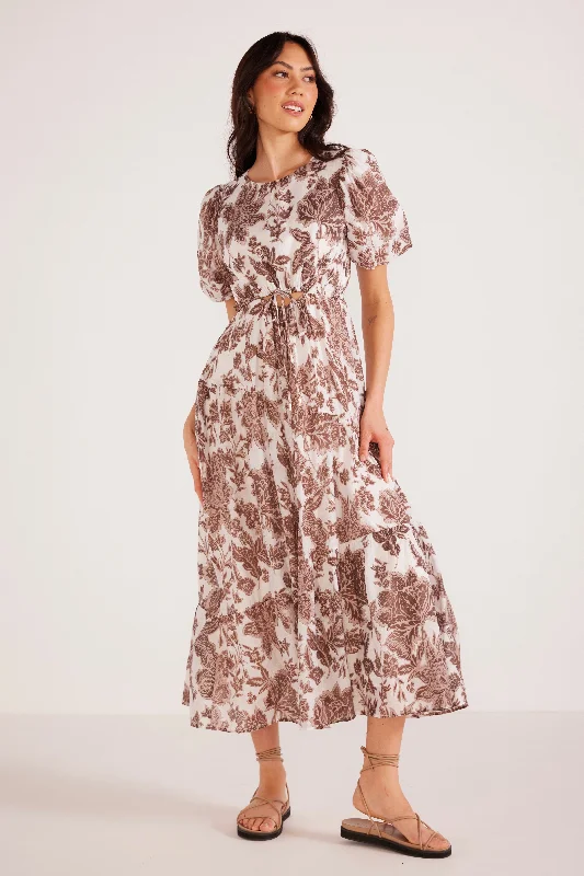  Women's Activewear AttireVivian Brown Floral Puff Sleeve Midi Dress