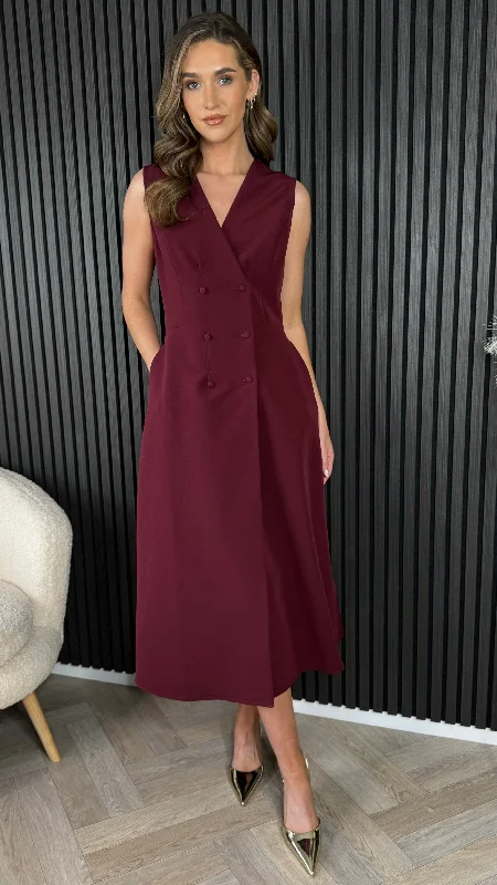  Women's Comfortable Lounge OutfitLucie Burgundy Tailored Sleeveless Midi Dress