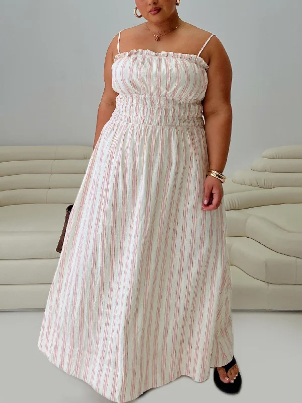  Discover PromotionsPersephone Shirring Linen Maxi Dress Pink Stripe Curve