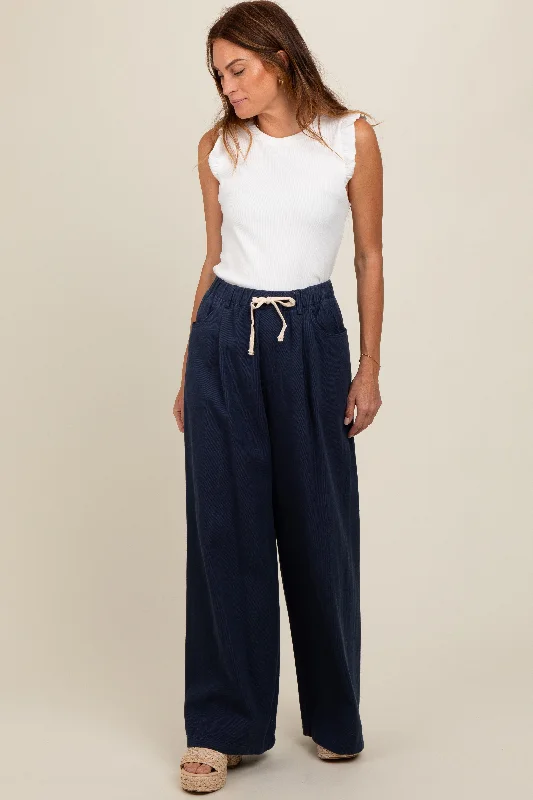  Women's Plus-Size OutfitNavy Blue Drawstring Wide Leg Pants