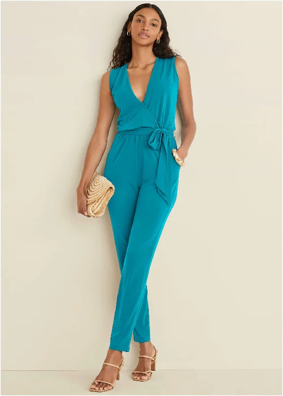  Women's Stylish Professional ApparelWrap Tie Jumpsuit - Teal