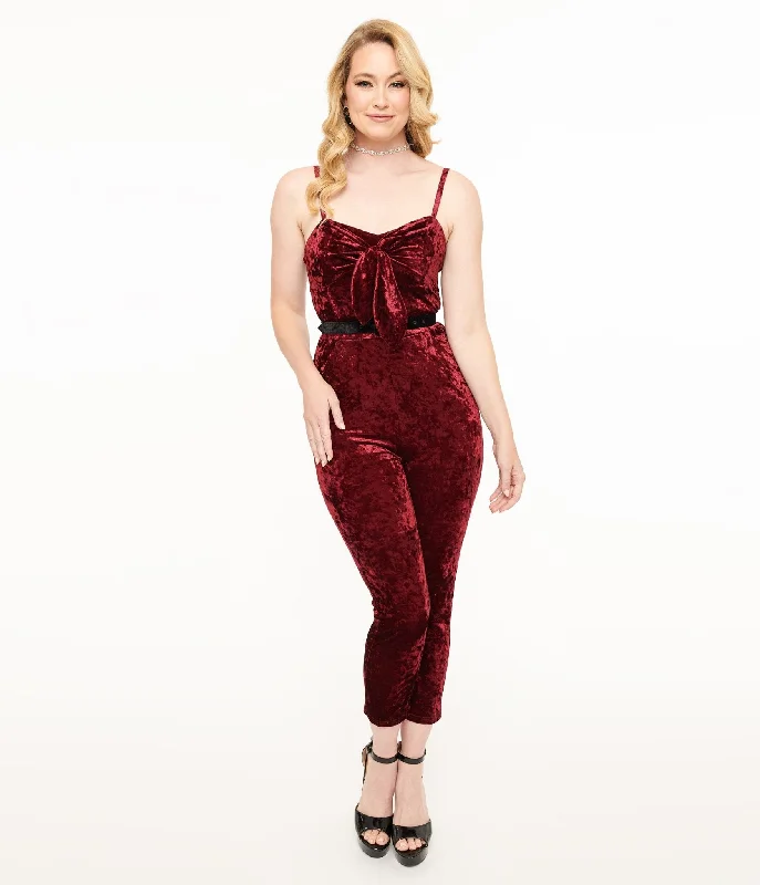  Women's Professional GarmentsUnique Vintage 1950s Burgundy Crushed Velvet Cropped Jumpsuit