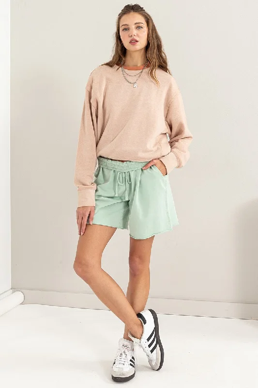  Women's Chic Outerwear OutfitMint Green Raw Hem Drawstring Shorts