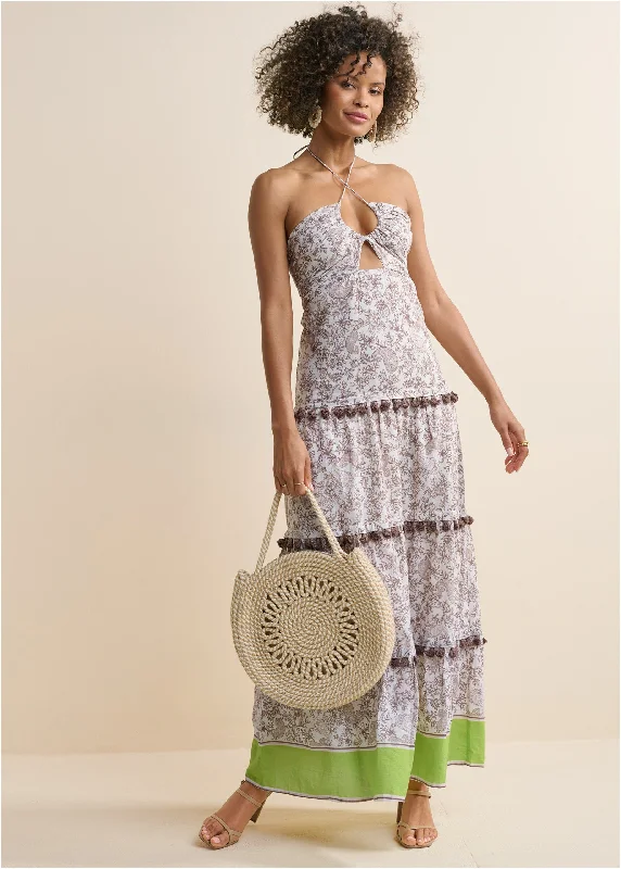  Women's Urban ClothingTiered Tassel Maxi Dress - Brown & Green