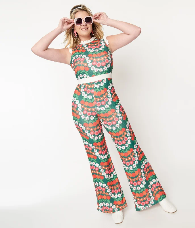  Comfortable Women's AttireSmak Parlour Green & Red Daisy Chain Back Bow Jumpsuit