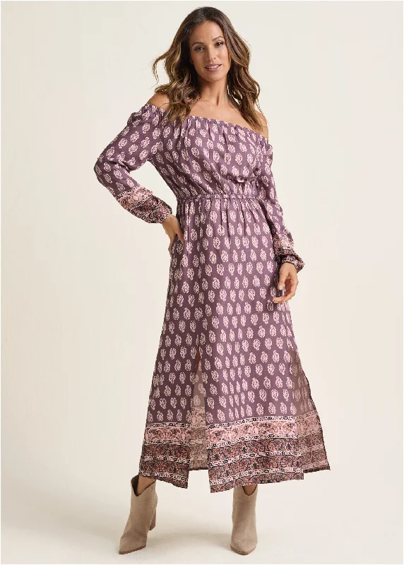  Women's Clothing For WorkPaisley Printed Maxi Dress - Purple Multi