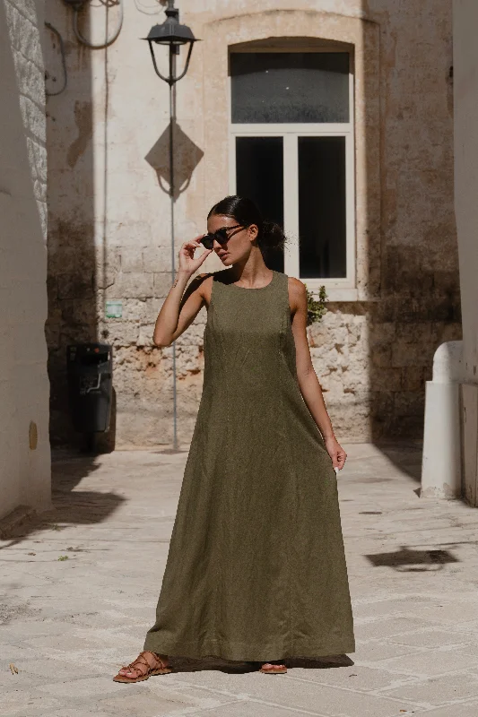  Chic Trend CollectionEasygoing Khaki Linen Blend Sleeveless Crew Neck Midi Dress