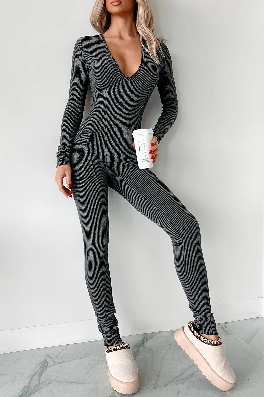  Casual Clothing For WomenBeautiful Curves Ribbed Cut-Out Back Jumpsuit (Black)