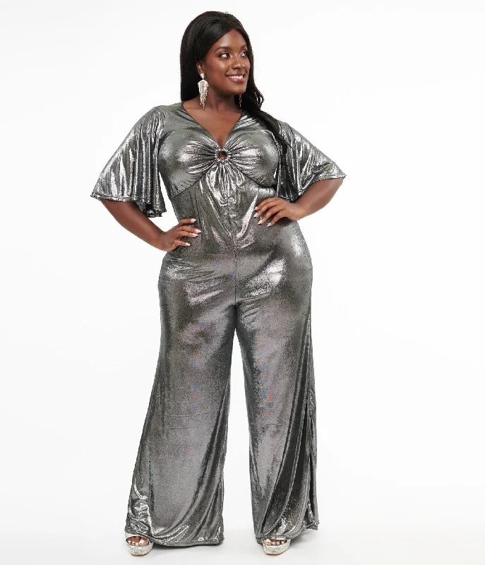  Women's Activewear OutfitSmak Parlour Plus Size 1960s Metallic Silver Cutout Jumpsuit