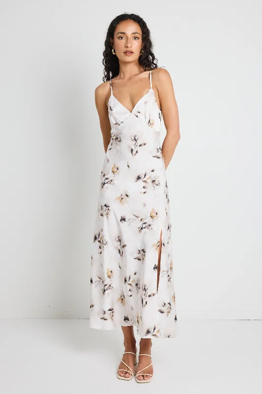  Women's GarmentsOtherworldly Champagne Floral Satin Bias Slip Midi Dress