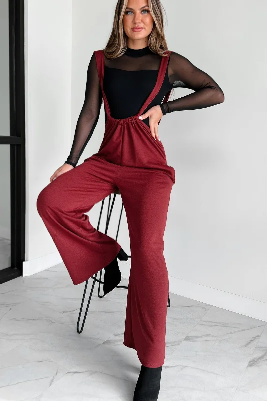  Women's Cozy ClothesMessage Received Wide Leg Suspender Jumpsuit (Wine)