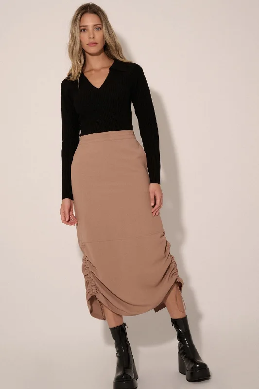  Women's Sports ApparelTaupe Solid Drawstring Side Back Elastic Midi Skirt